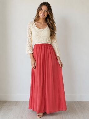 Forever 21 Ivory Lace Bodice & Coral Maxi Dress